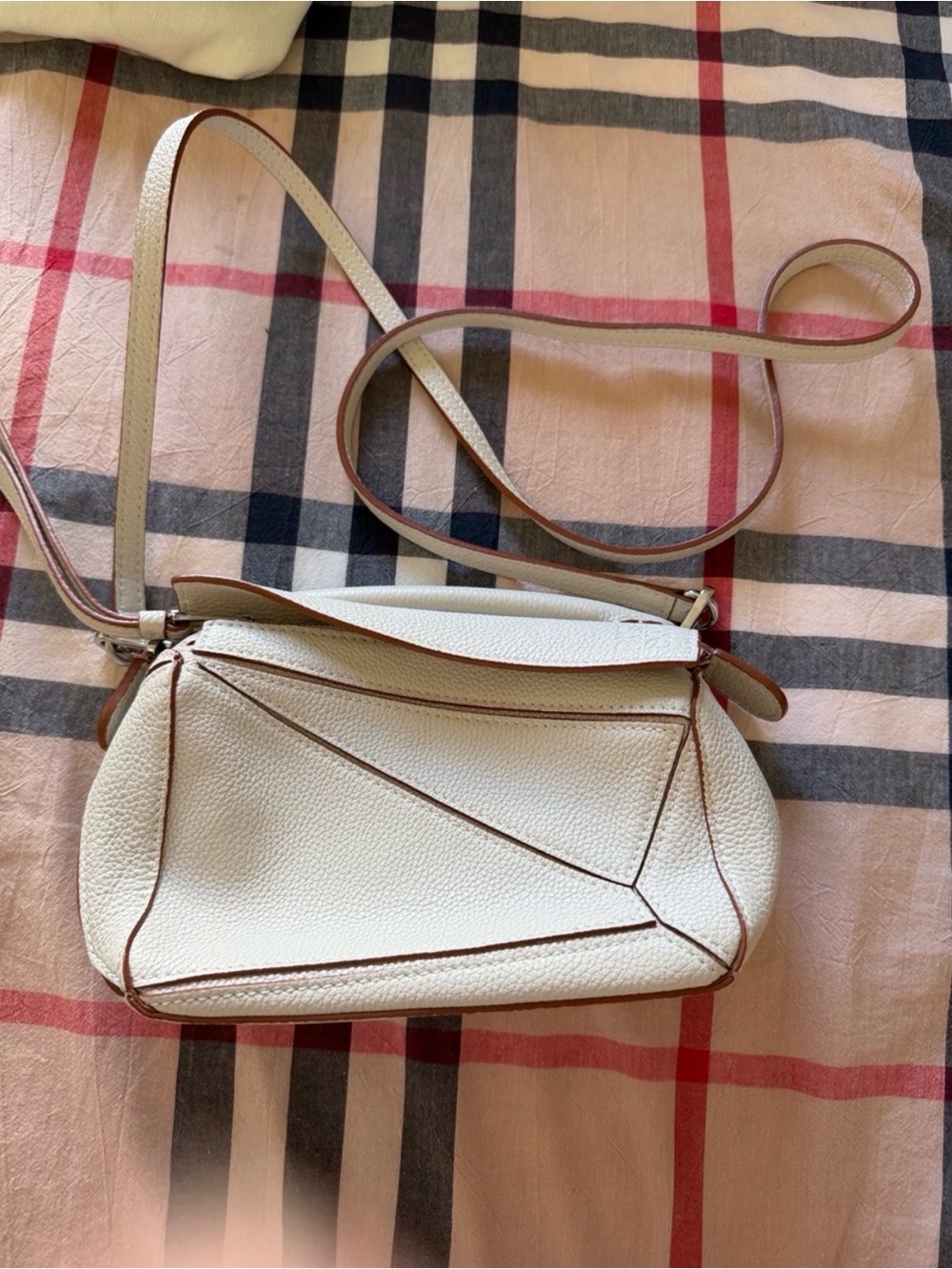 Loewe White Pebbled Leather Crossbody with Contrast Piping